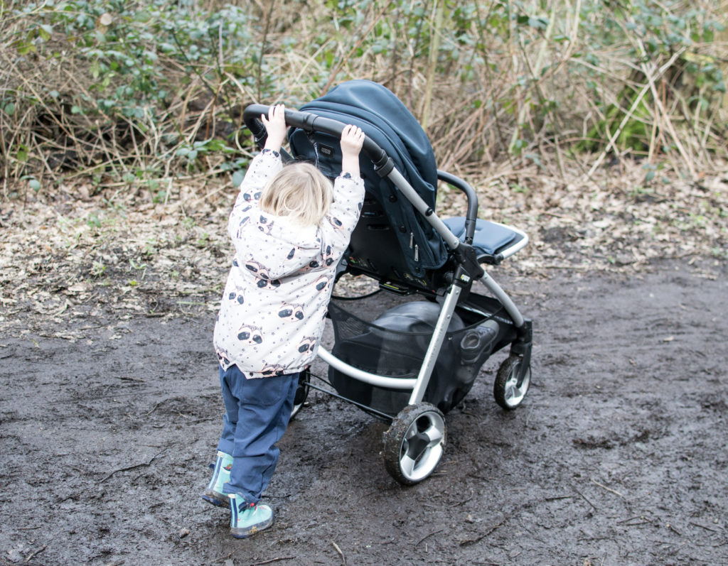 Daisy our toddler pushing her brother in the stroller