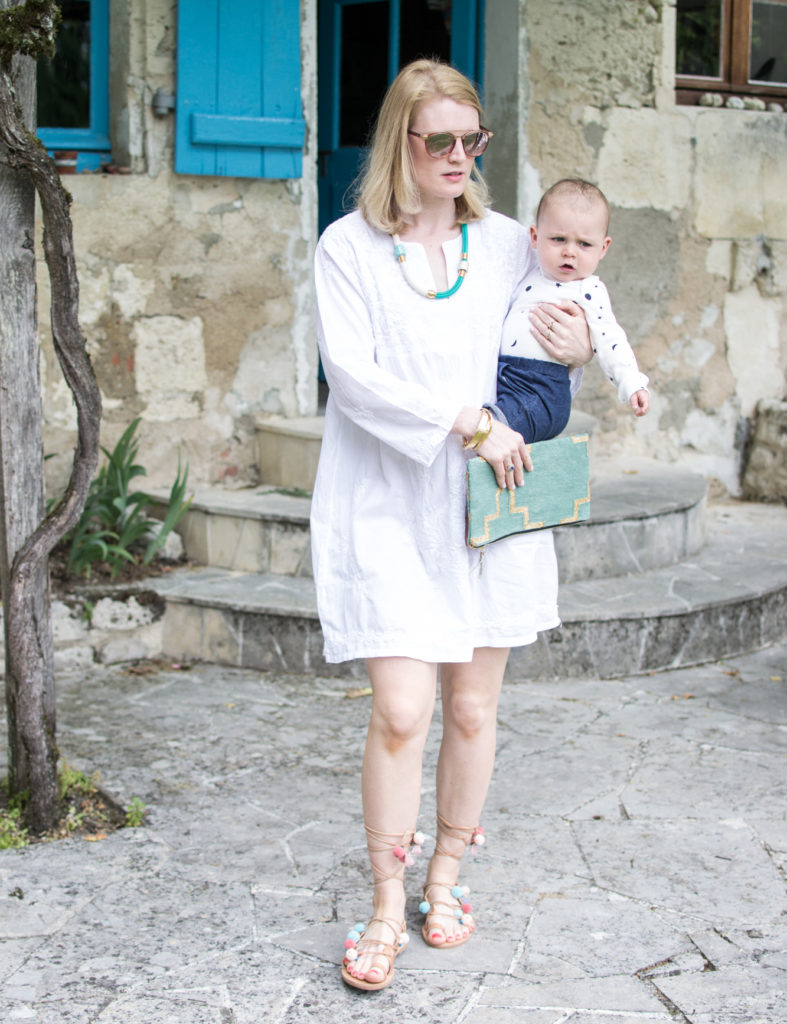 n4mummy wearing Dilli Grey white embroidered tunic with pom pom sandals from IRIS