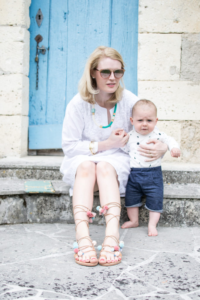 Dilli grey embroidered tunic and IRIS pom pom sandals