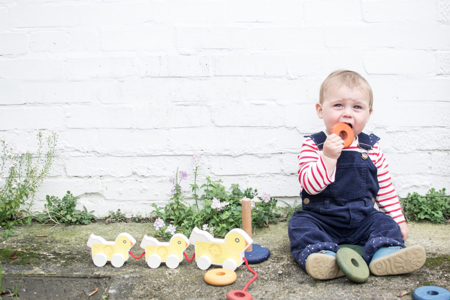 navy cord dungarees and red stripe breton top from Dotty Dungarees