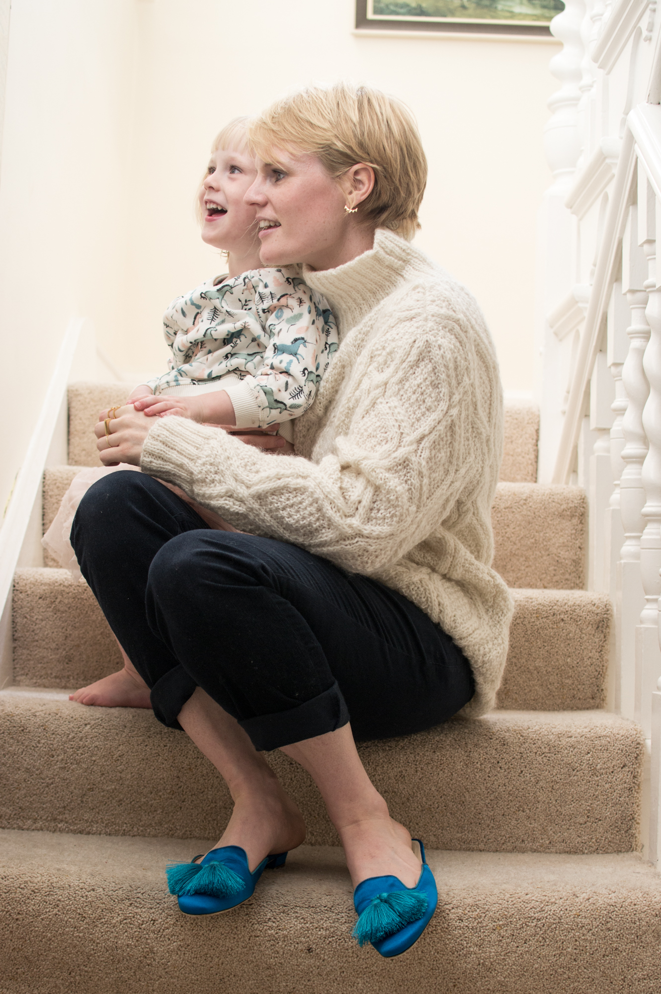 Cream Cable Knit Jumper and navy corduroy trousers from People Tree