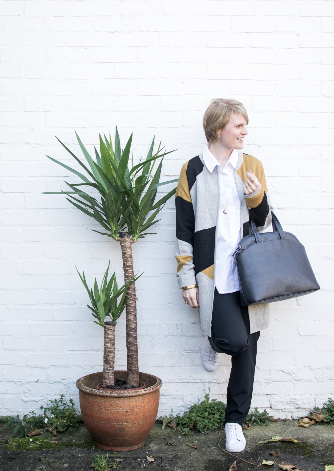 Black Skinny Trousers, white shirt and abstract cardi from Sheer Apparel