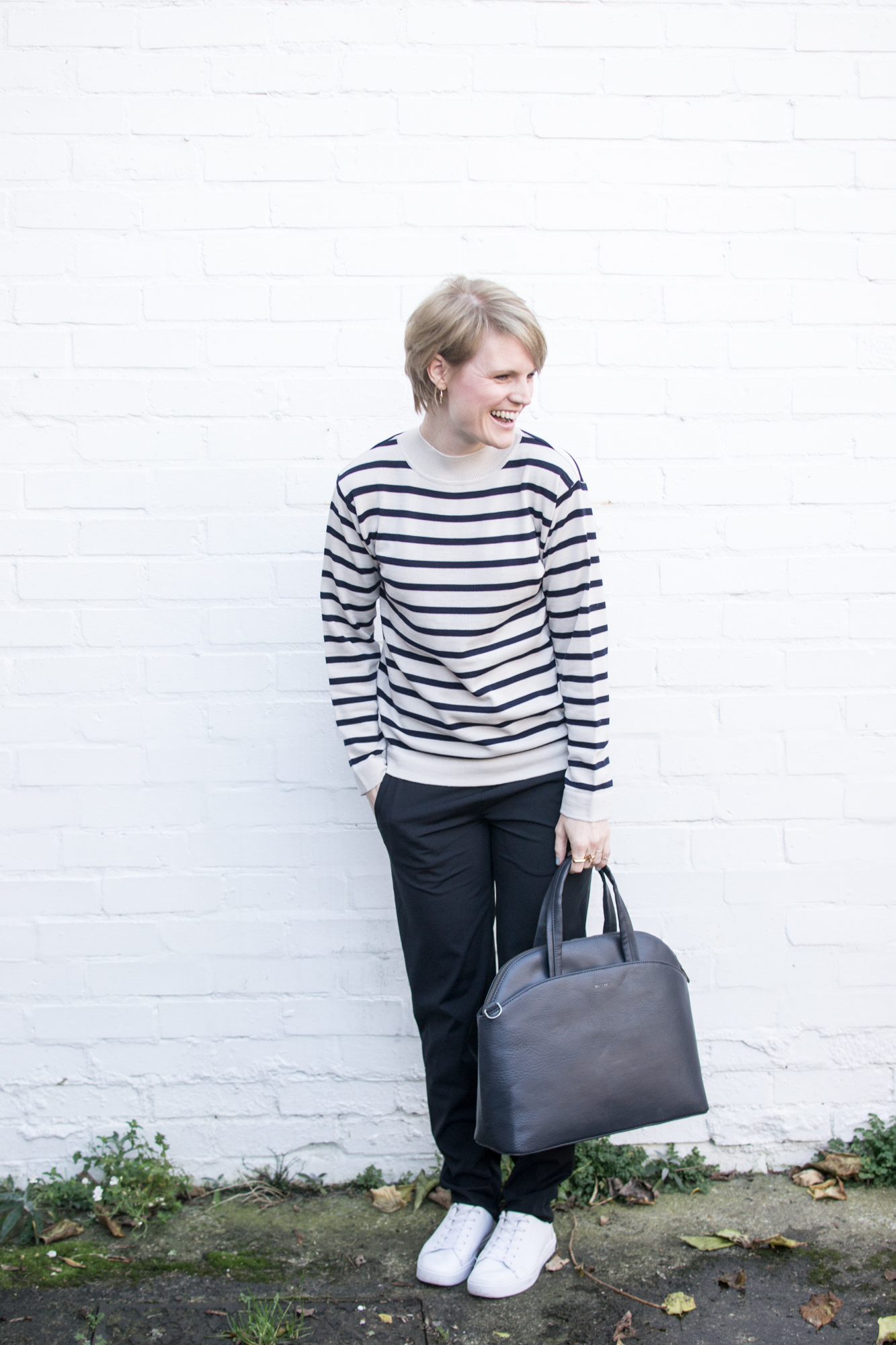 Blue striped jumper and black skinny trousers from Sheer Apparel