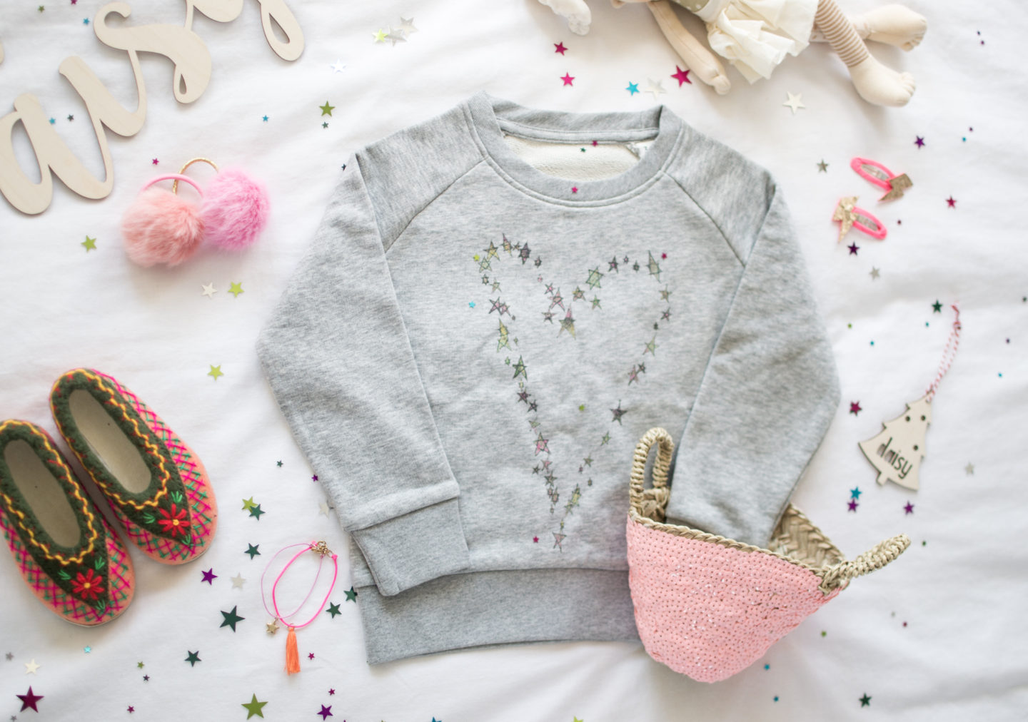 Grey heart Sweatshirt and pink sequin basket 