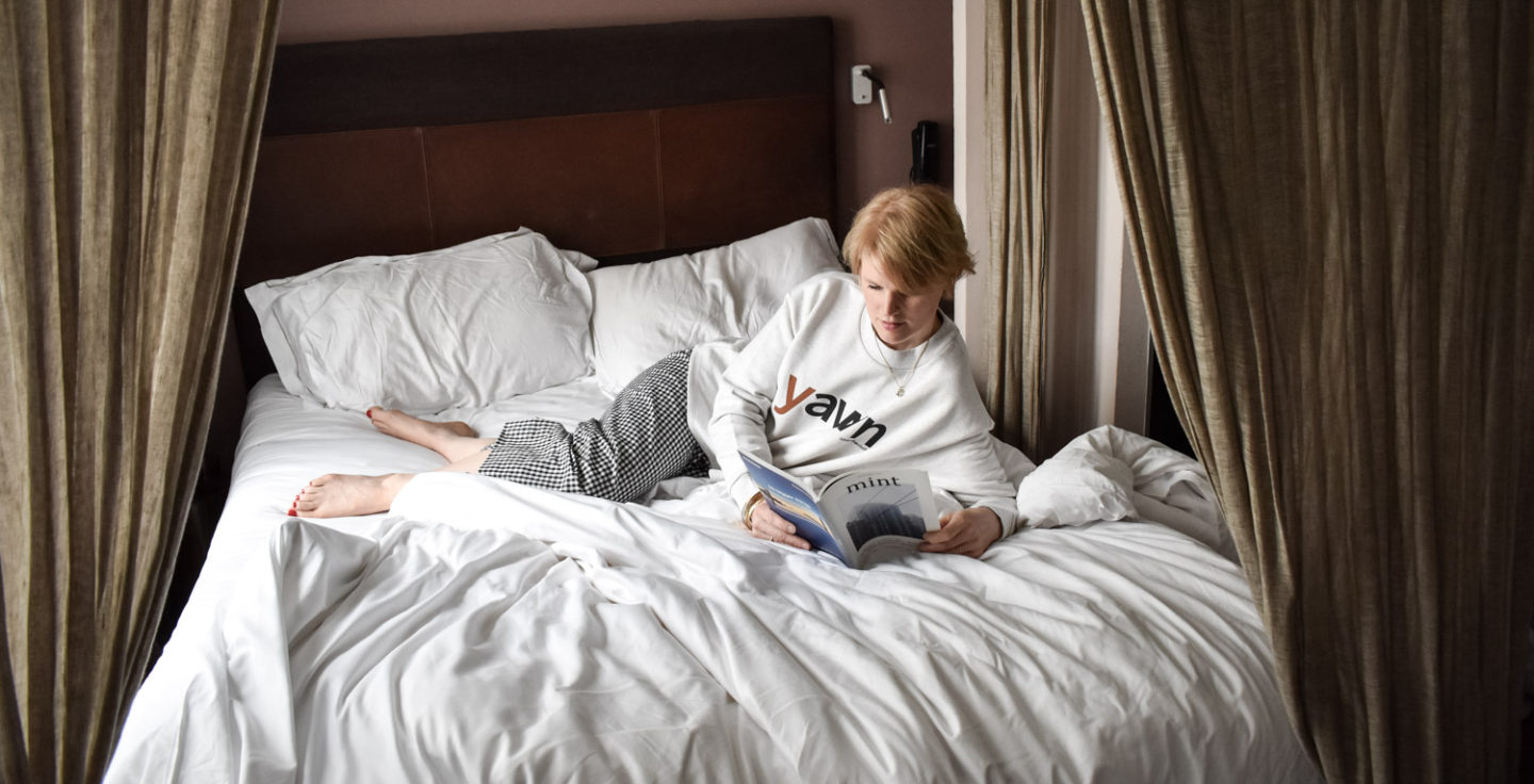 Lifestyle blogger Karen Maurice of n4mummy wearing Yawn Sweatshirt and gingham pyjamas from ethical brand Under The Cloth