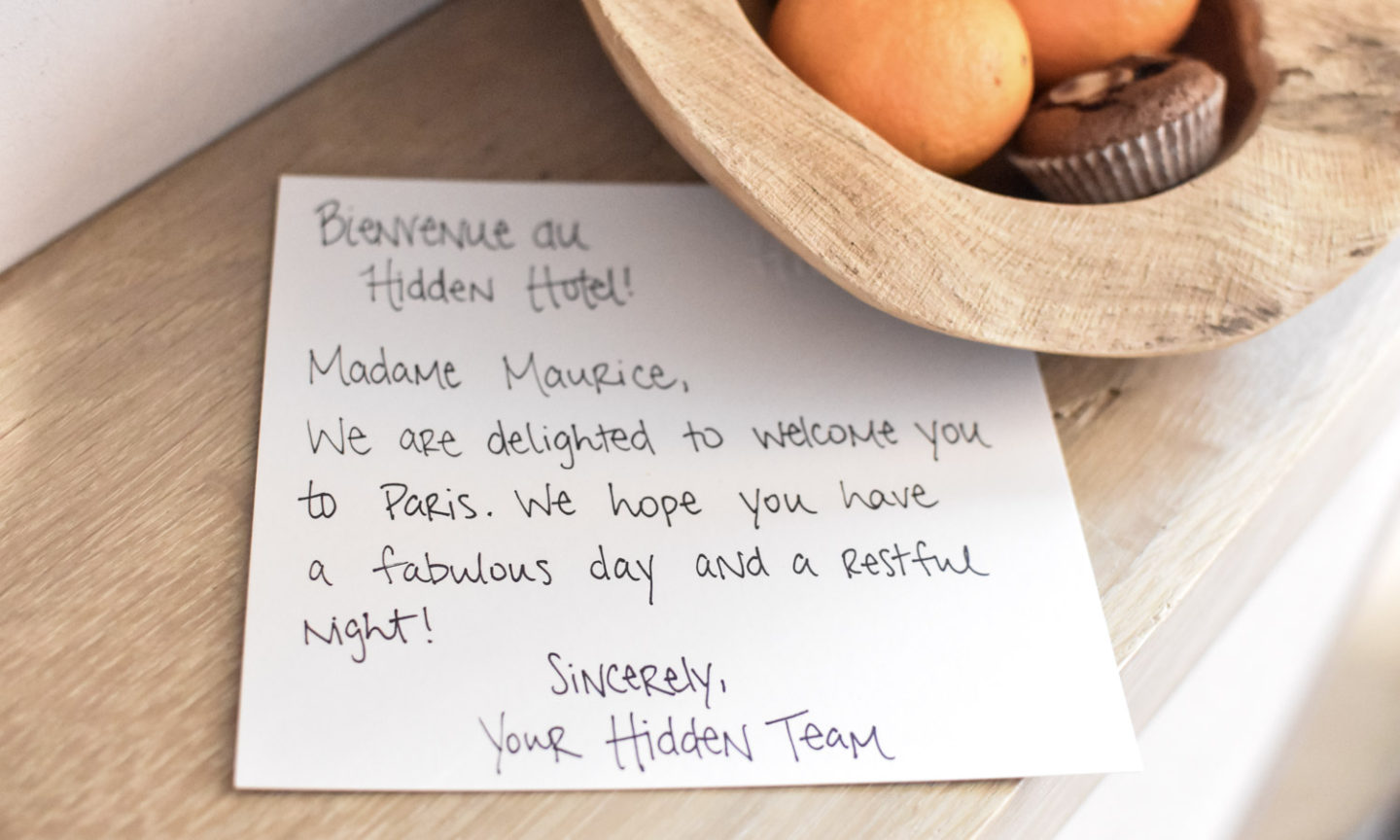 Welcome note at Hidden Hotel