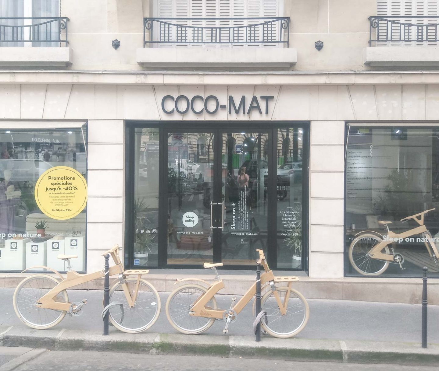 Wooden bicycles outside Coco-mat