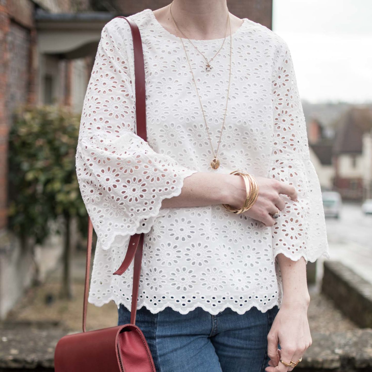 Close Up of the White Irvette Top from Thought, showing floral embroidery detail