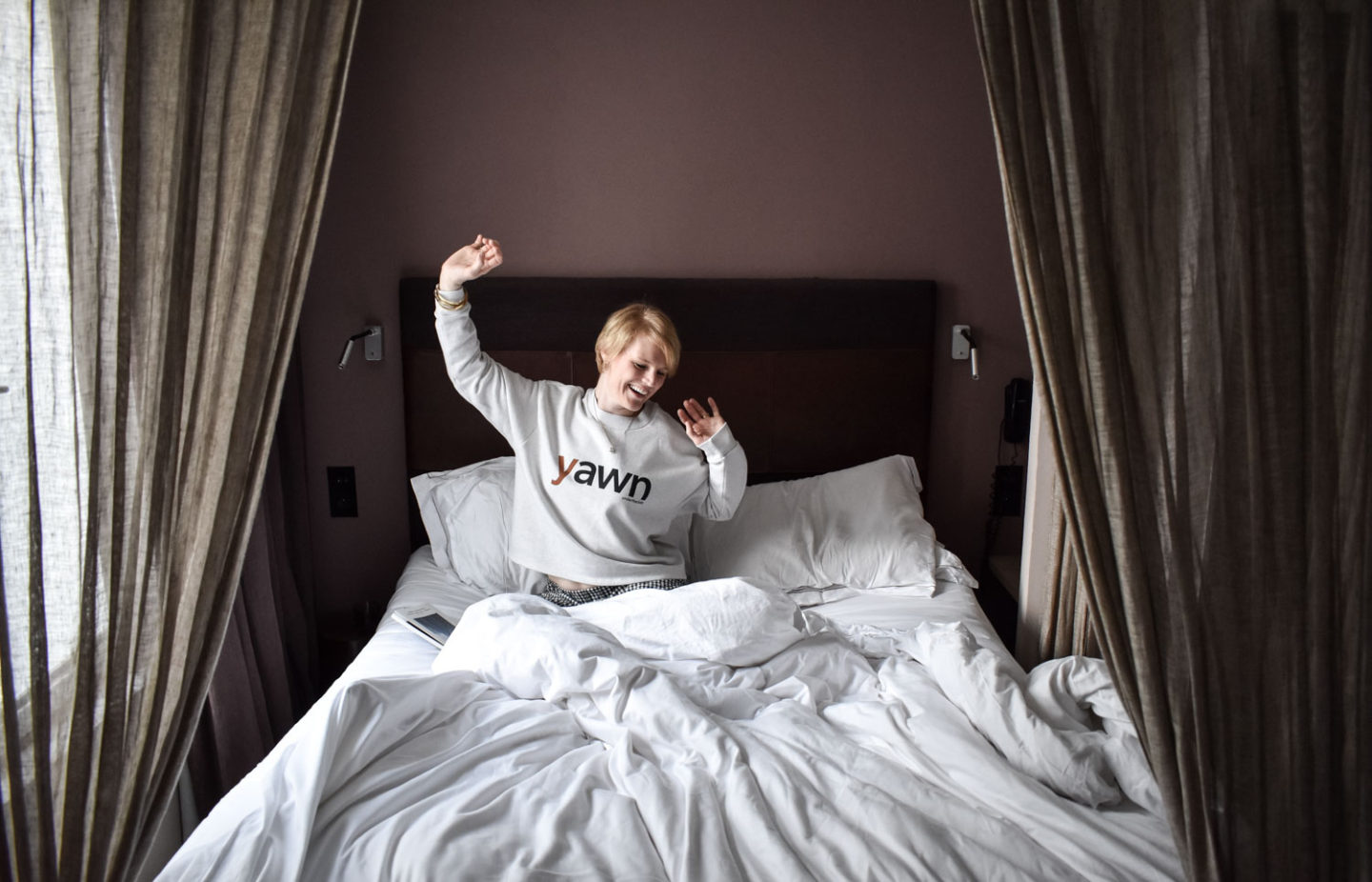Morning stretch from Karen Maurice sustainable style blogger of n4mummy, wearing Yawn sweatshirt from ethical brand Under The Cloth
