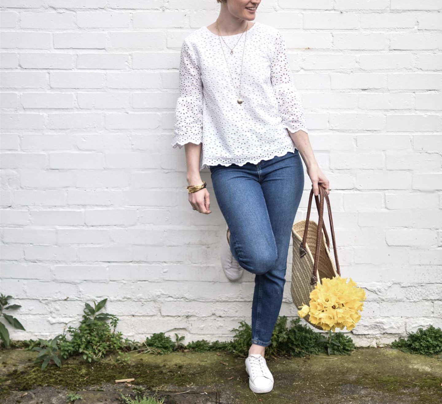 Ethical Fashion Blogger Karen Maurice of n4mummy wearing a white embroidered top from Thought and mum jeans from Asos Eco Edit