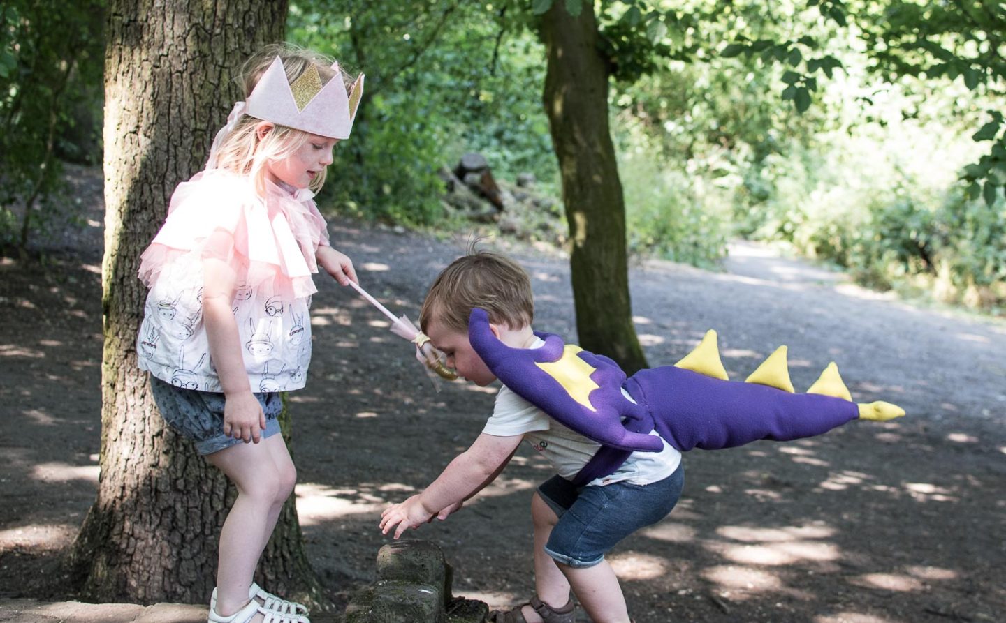 Beautiful dressing up clothes, Daisy daughter of n4mummy wears a velvet crown, cape and wand from Billy Loves Audrey, and Laurie wears a dragon costume from The Elf the Wolf & the Bear