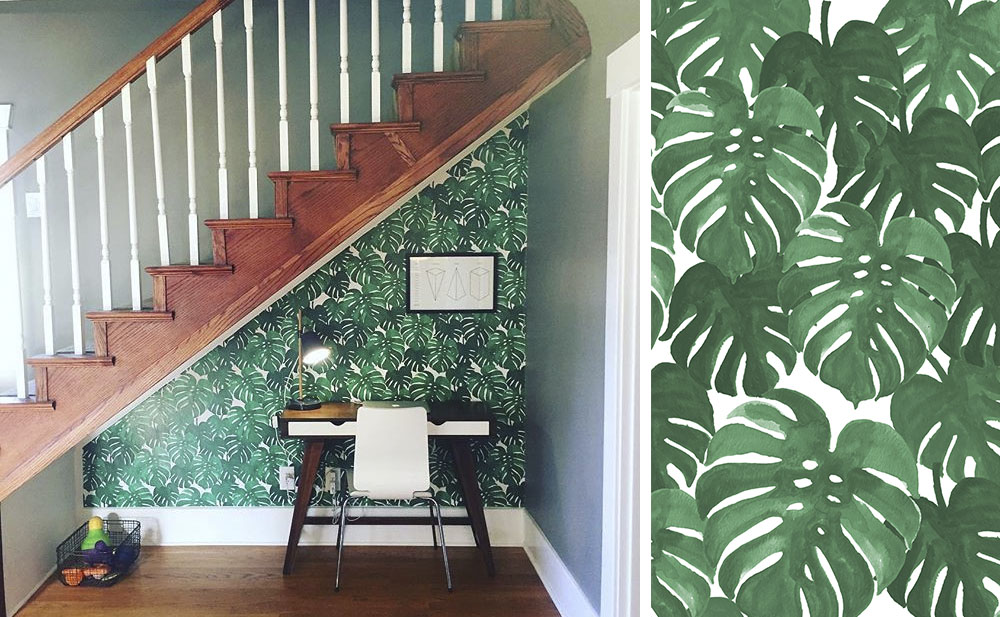 Monstera Print Statement Wall Using Eco-friendly Wallpaper From Spoonflower