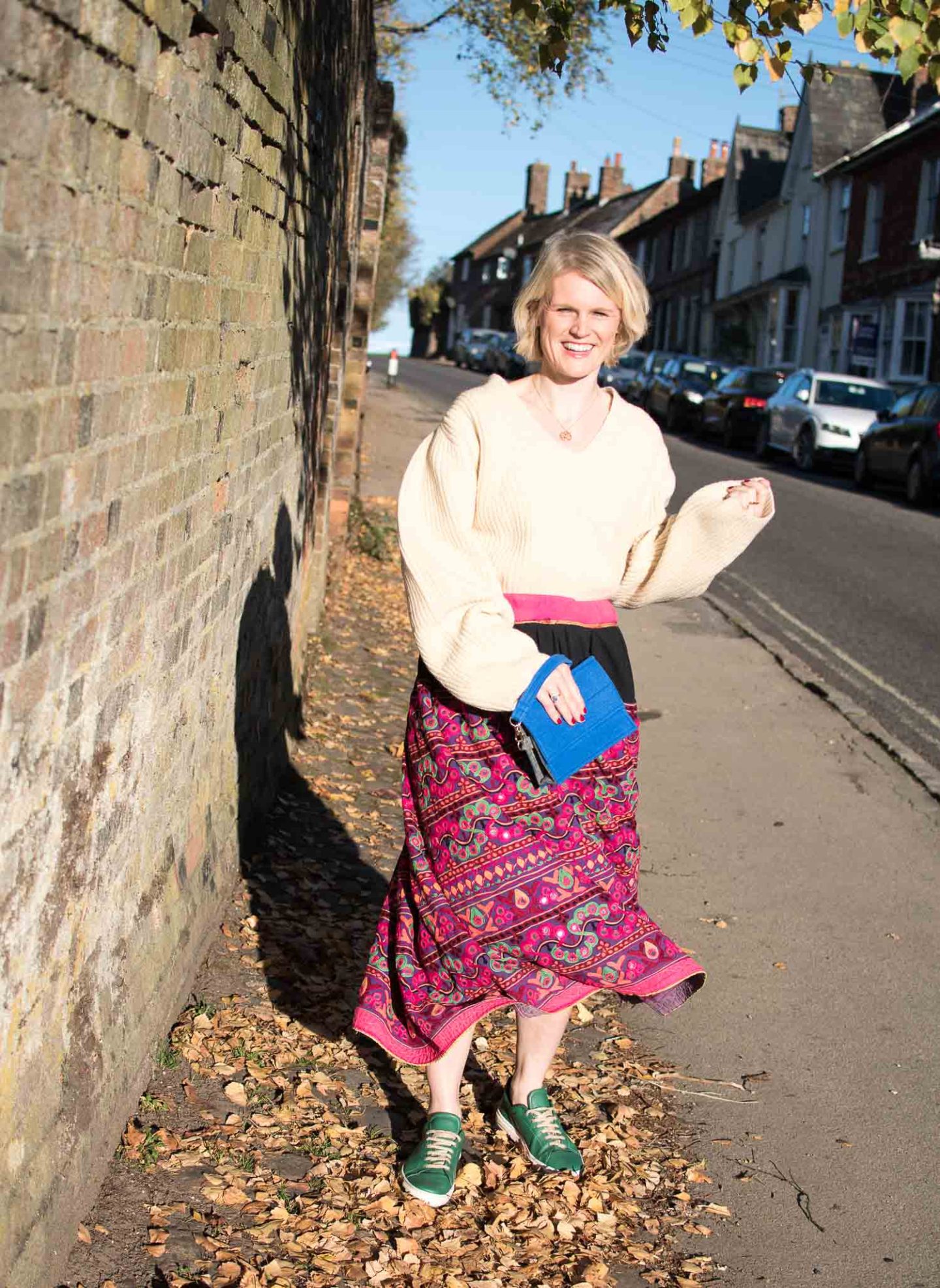 Fashion blogger Karen Maurice of n4mummy wearing a vintage maxi skirt and a jumper made from recycled wool