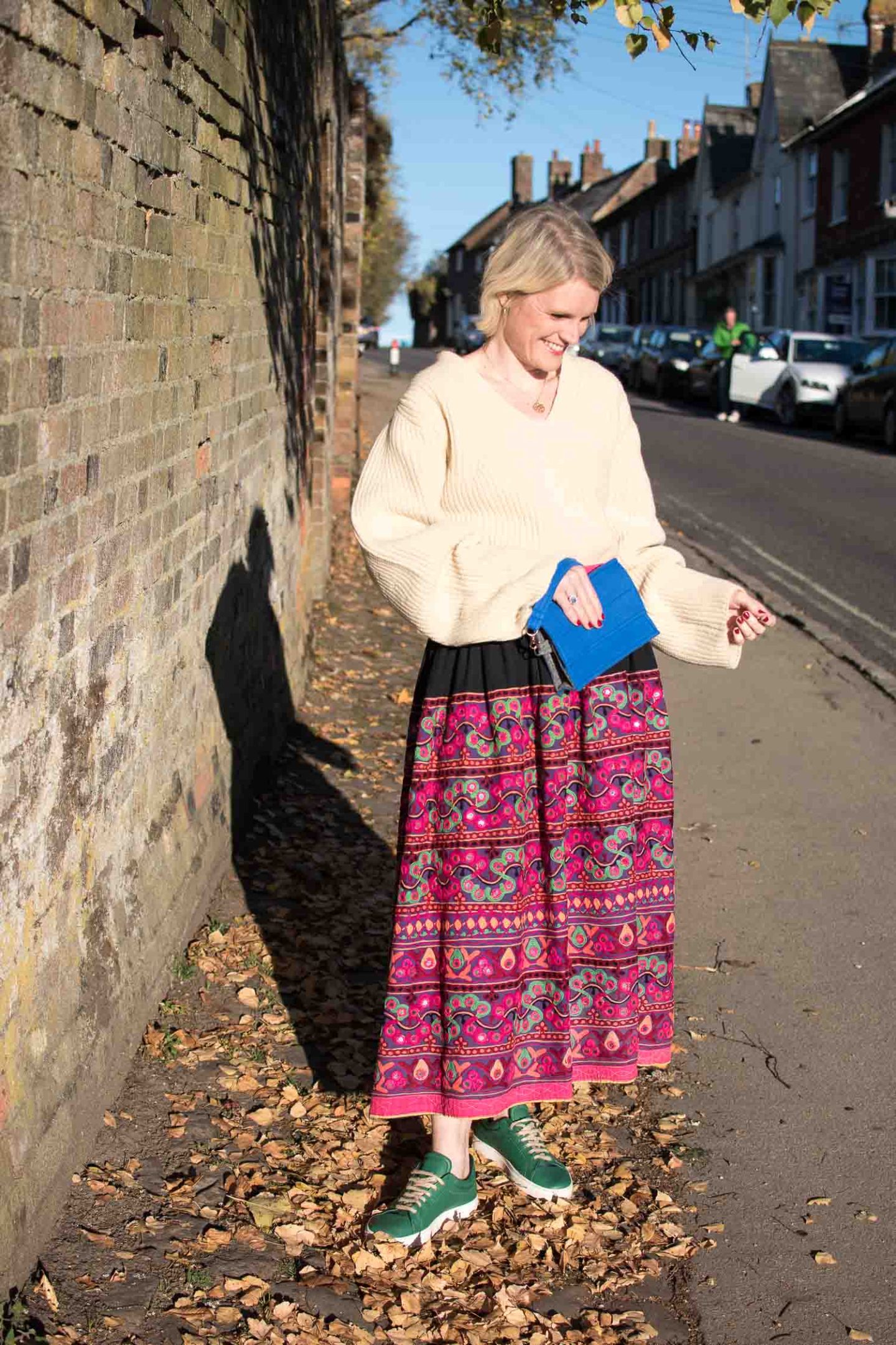Affordable Ethical Clothing, Karen Maurice of n4mummy wears a vintage skirt, recycled wool jumper and eco-friendly trainers
