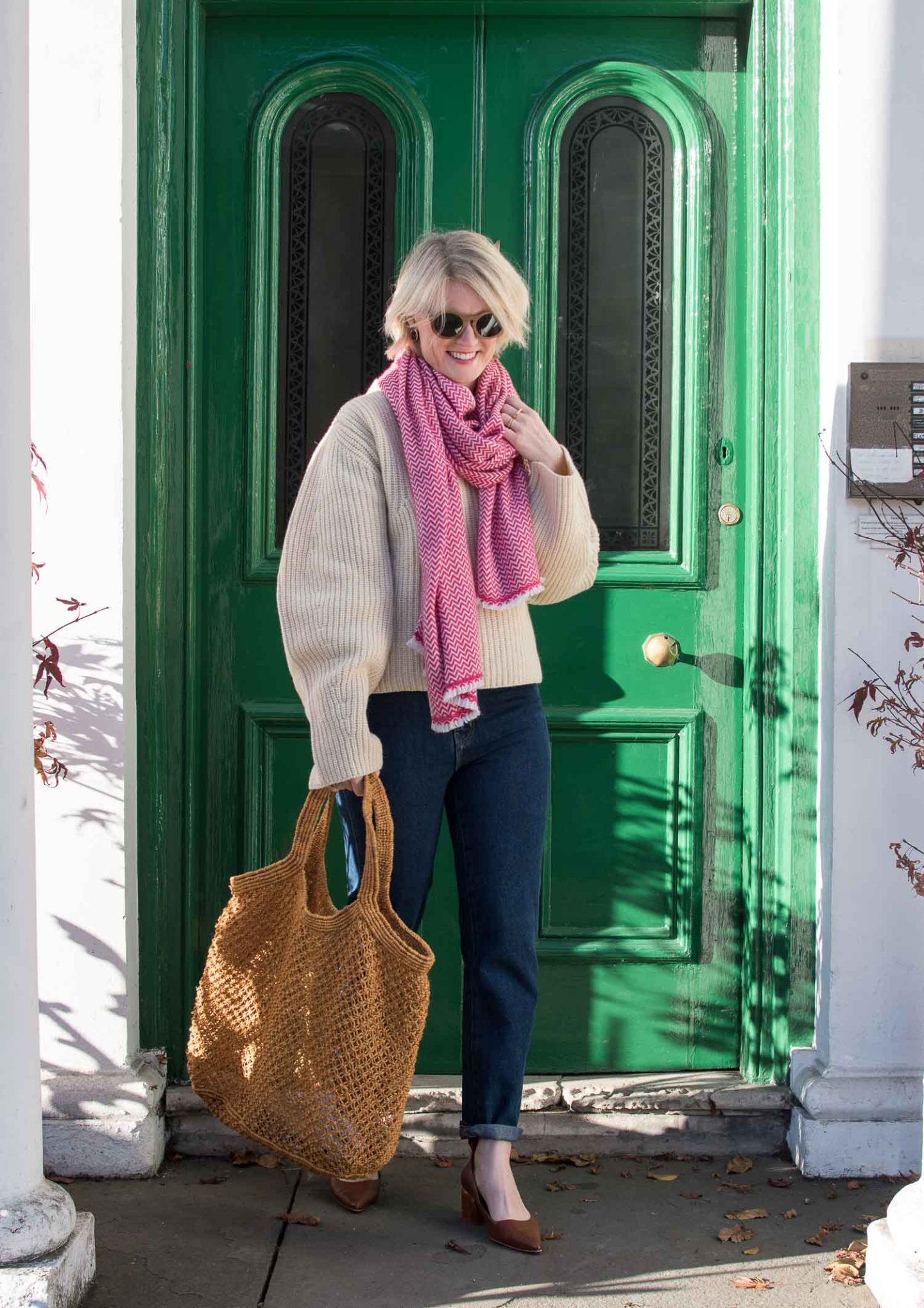 Fashion blogger Karen Maurice of n4mummy in an affordable ethical clothing outfit, cream jumper, organic jeans and a cashmere scarf