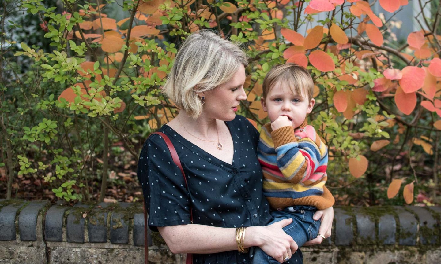 Karen Maurice of n4mummy in a ditsy print jumpsuit from Thought with her son Laurie