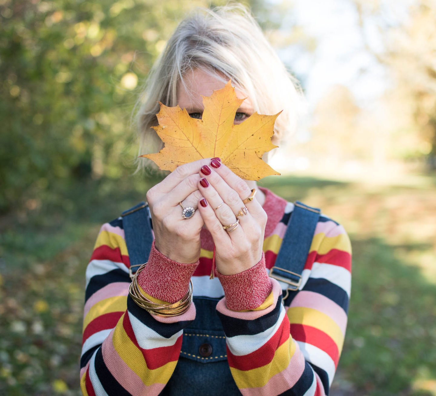 Fashion Blogger Karen Maurice in a colourful striped organic jumper from Mi Apparel