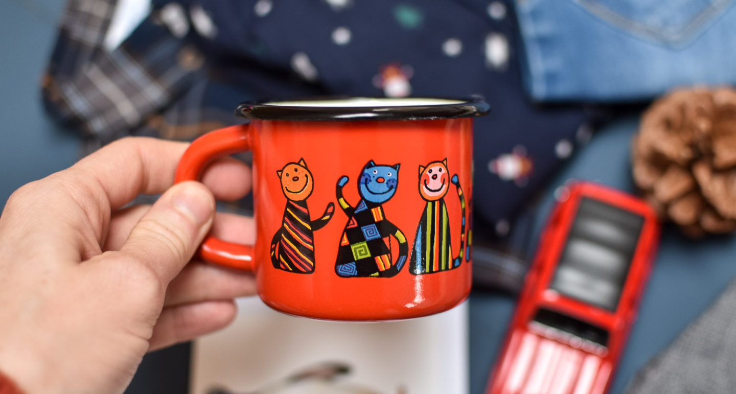 Enamel mug with cats on it from Smaltum, Ethical Christmas Gifts for Kids