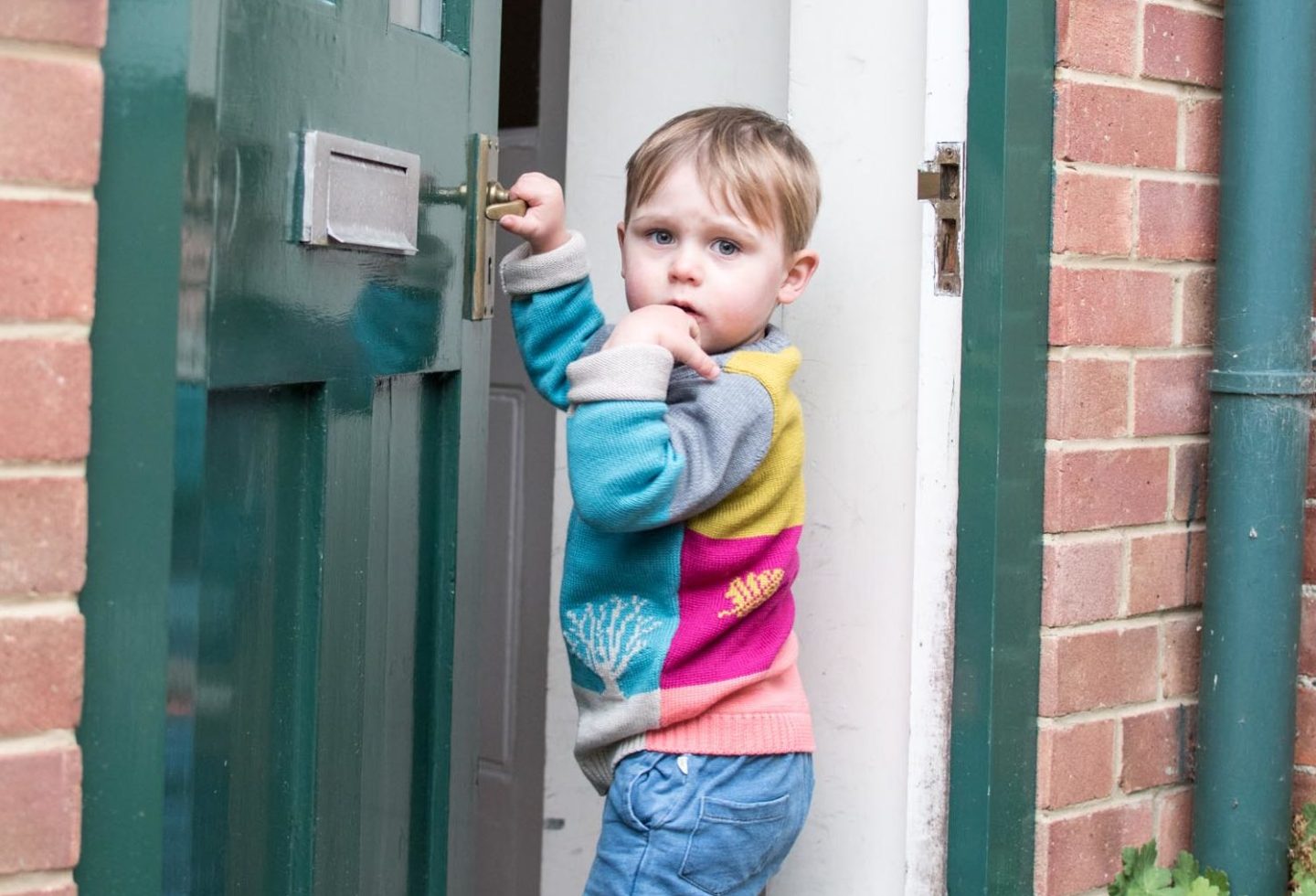 n4mummy's son wearing a colour blocked 100% merino jumper from The Faraway Gang