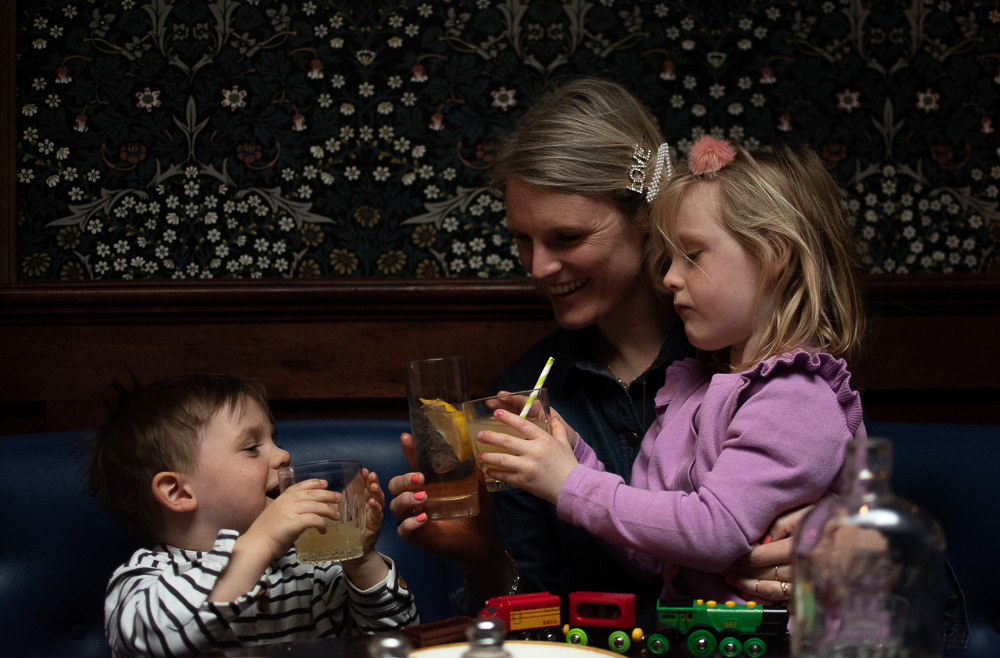 Karen Maurice of n4mummy with her children at a Mother's Day Brunch at Little Bat, Islington