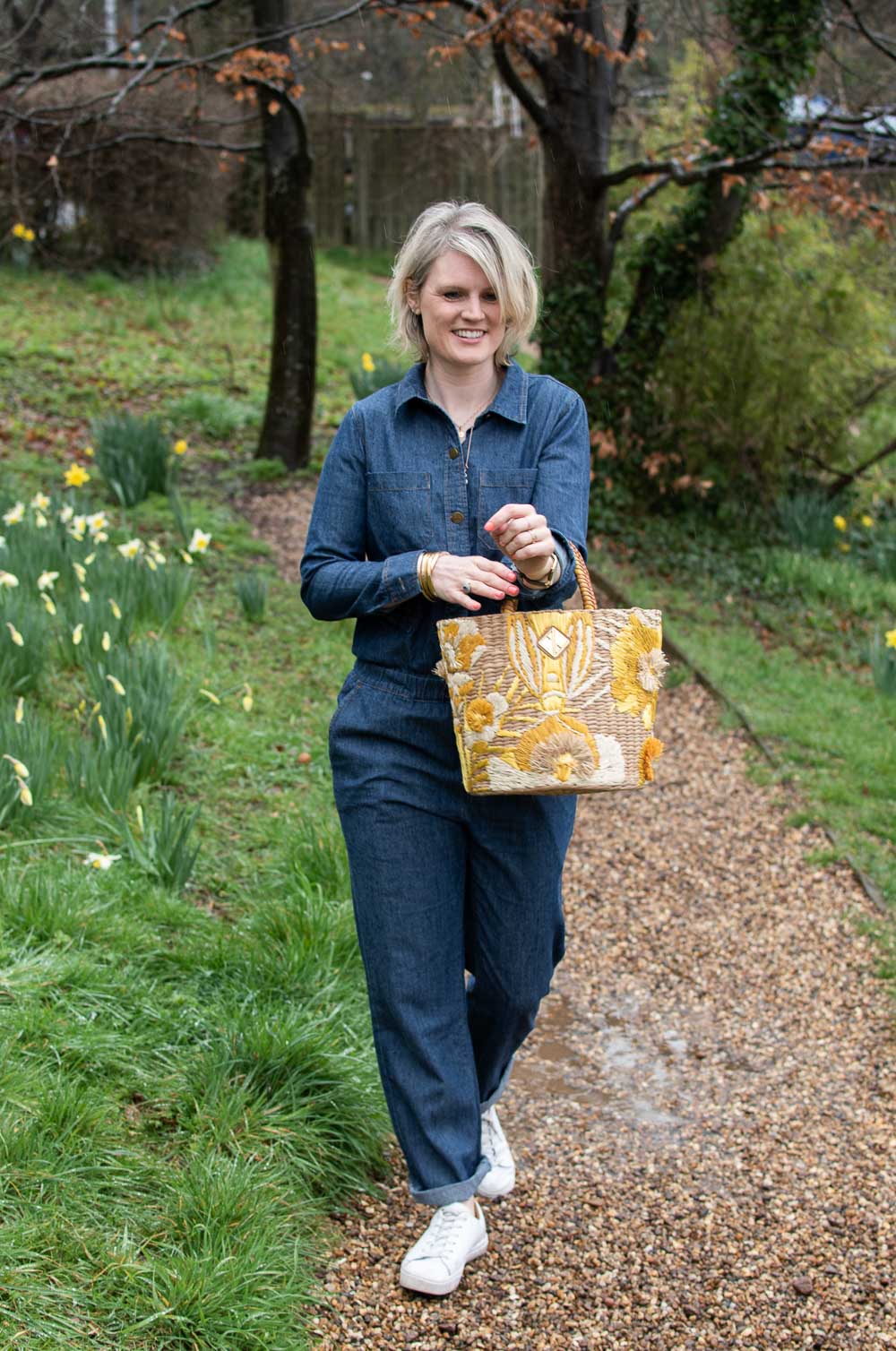 Karen Maurice of n4mummy wears a denim boilersuit from Re-fashion, a second hand clothing online boutique