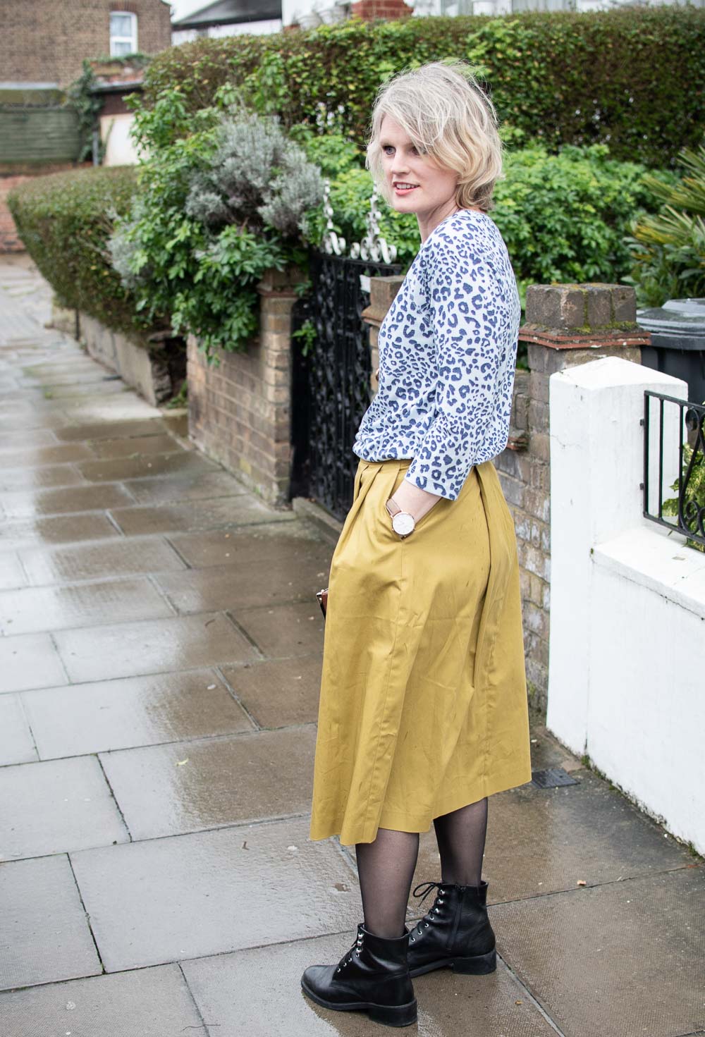 Karen Maurice of n4mummy wears leopard print top and yellow skirt both from Oxfam second hand clothing