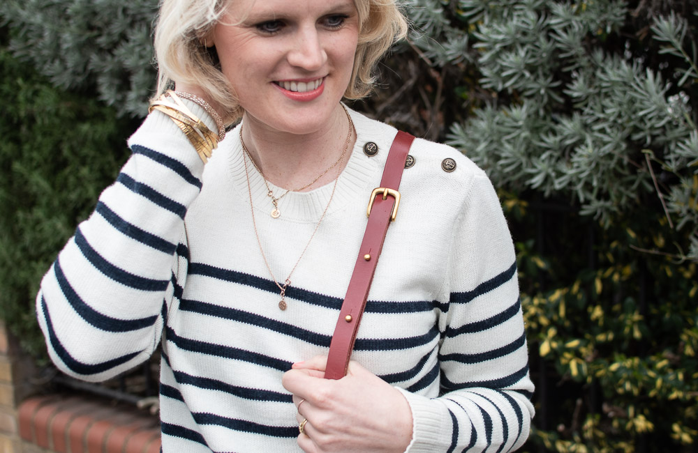 Karen Maurice of n4mummy in a merino wool striped jumper from Re-fashion