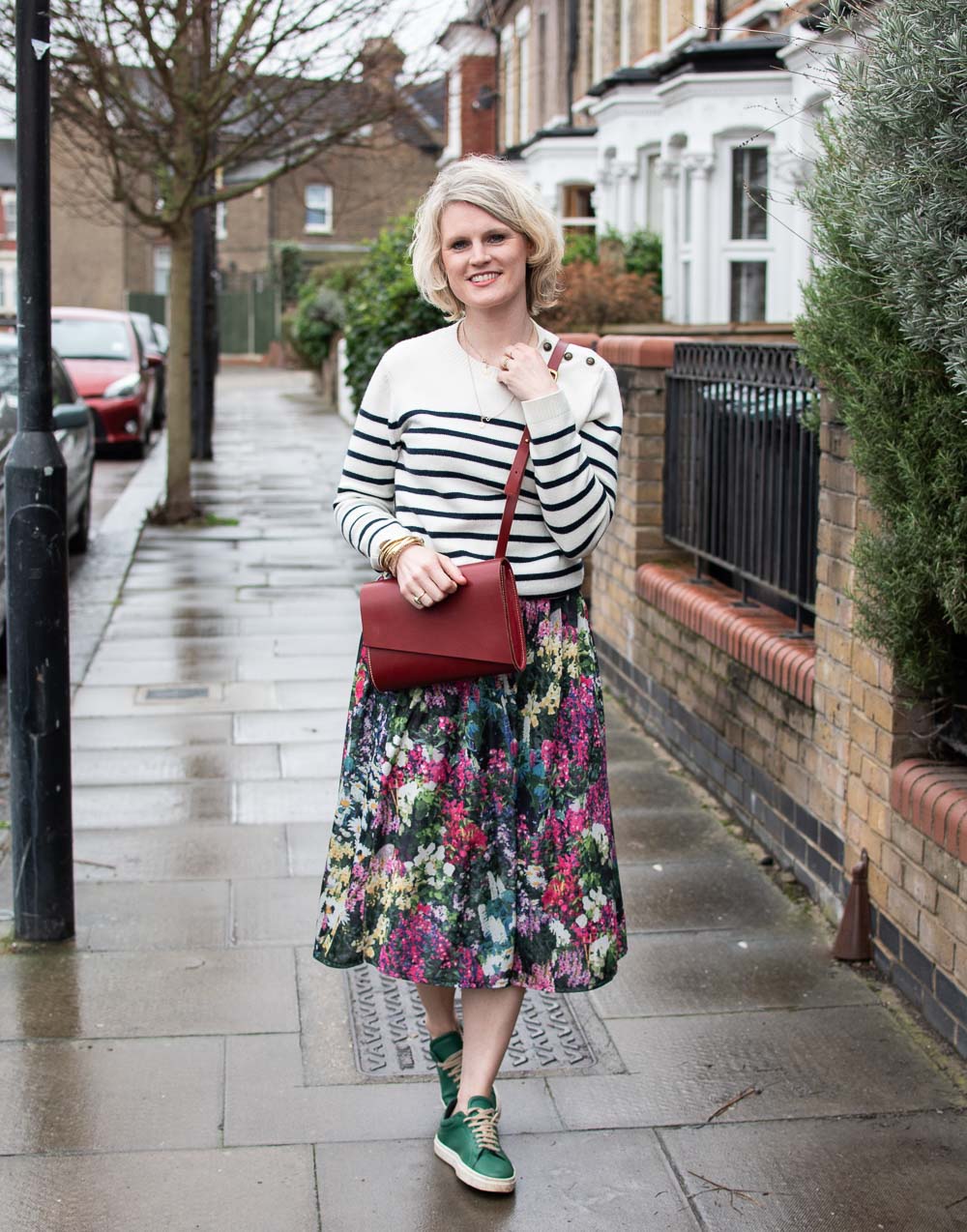 Karen Maurice of n4mummy wears an outfit of second hand clothes from Re-fashion, a striped jumper and floral skirt