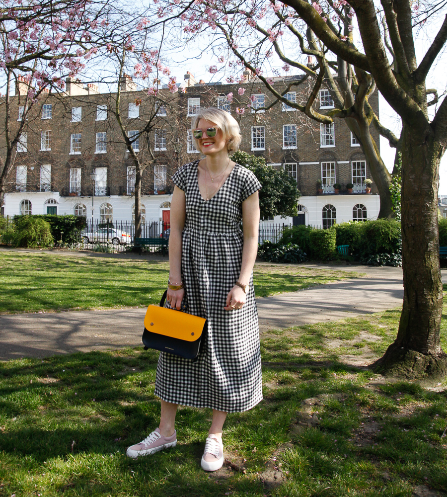 Karen Maurice of n4mummy wears a gingham check dress from ethical fashion brand Beyond Nine
