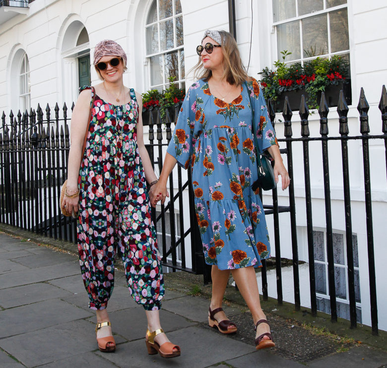 Karen Maurice of n4mummy wearing a floral jumpsuit from vintage inspired maternity brand Clary & Peg, with Emma from Finlay Fox wearing a Clary & Peg floral dress