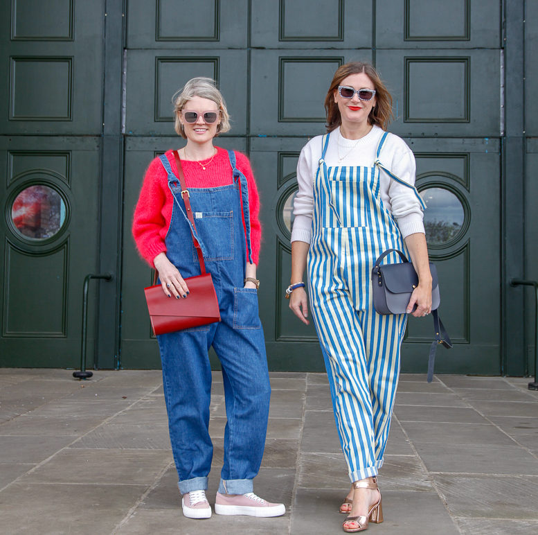 Karen of n4mummy wears organic denim dungarees from Lucy & Yak and a mohair pink jumper from Lowie, Emma from Finaly fox wears stripe dungarees from ethical fashion brand Lucy & Yak