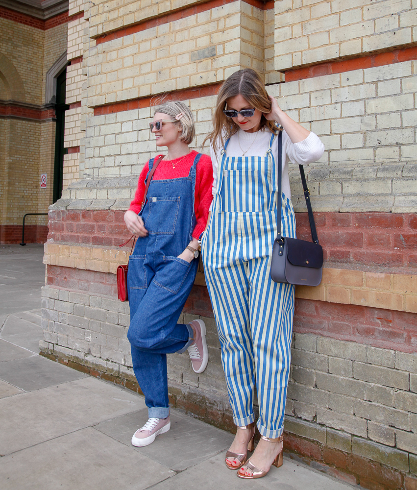 Karen of n4mummy wears organic denim dungarees from Lucy & Yak and a mohair pink jumper from Lowie, Emma from Finaly fox wears stripe dungarees from ethical fashion brand Lucy & Yak