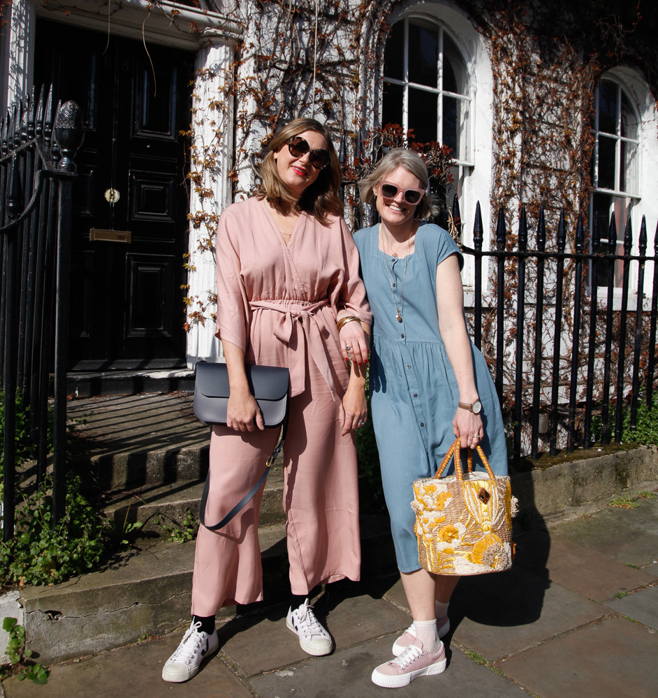 Karen Maurice of n4mummy wearing a blue button through dress & Emma from Finaly Fox wearing a pink jumpsuit both from ethical fashion brand Mi Apparel