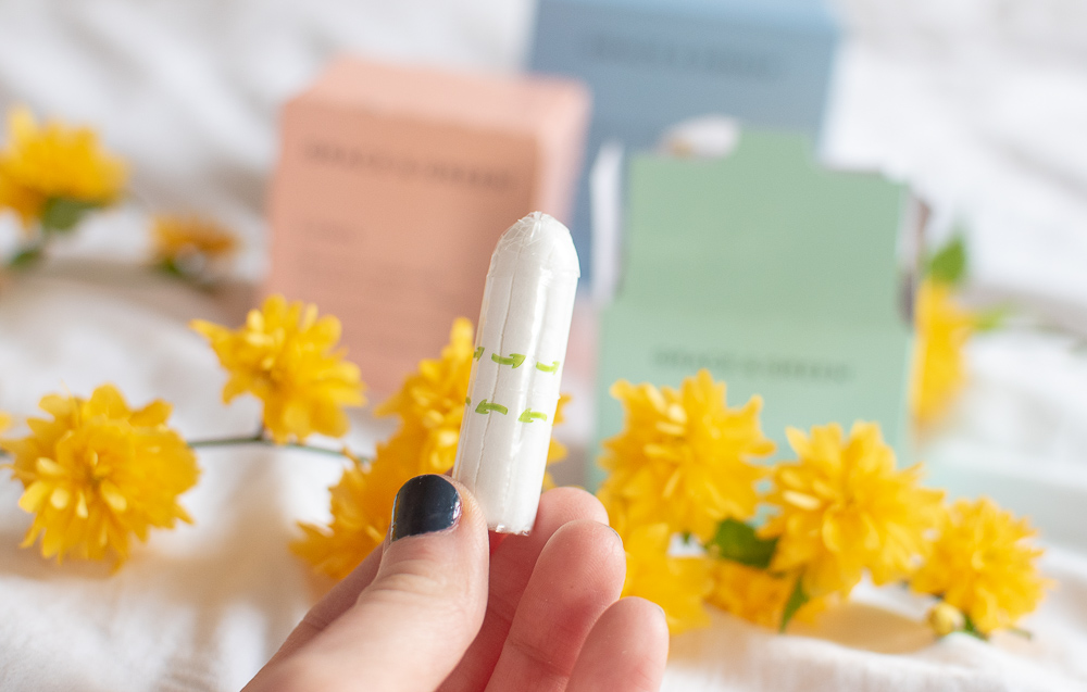 A 100% organic cotton tampon wrapped in recycable plastic, Grace & Green eco-friendly periods