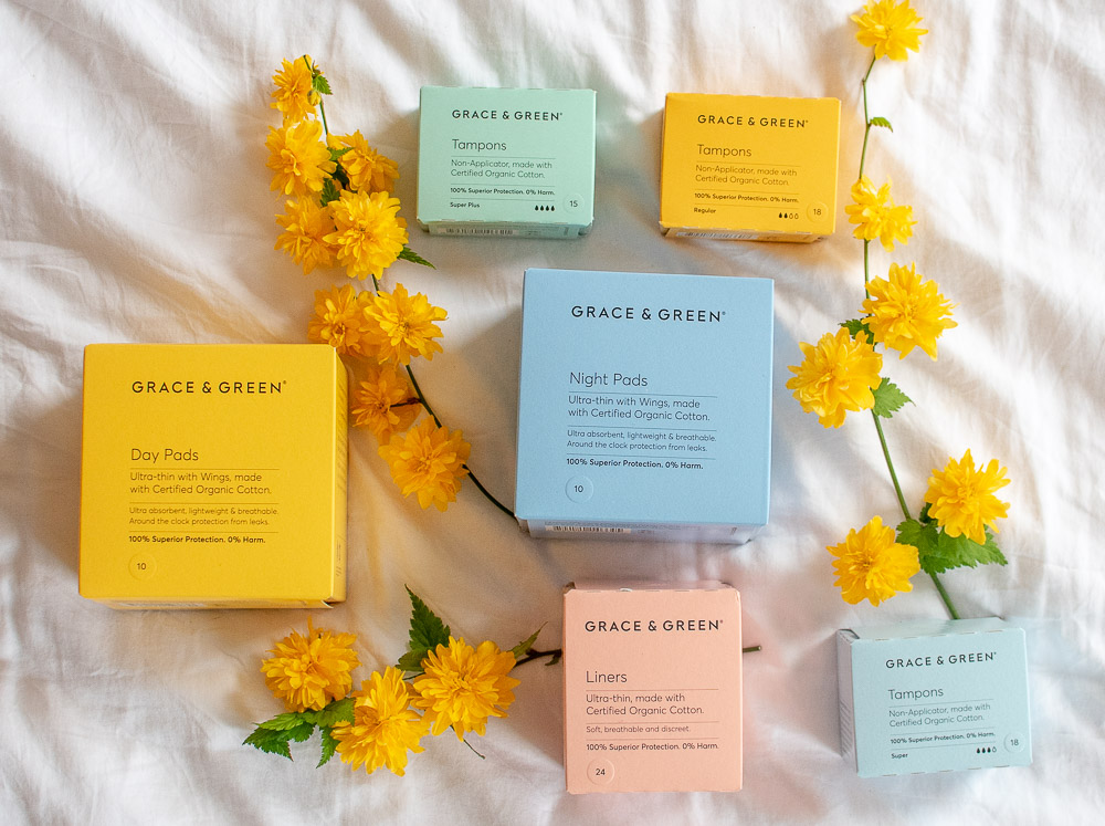 The full range of eco-friendly period products from Grace & Green