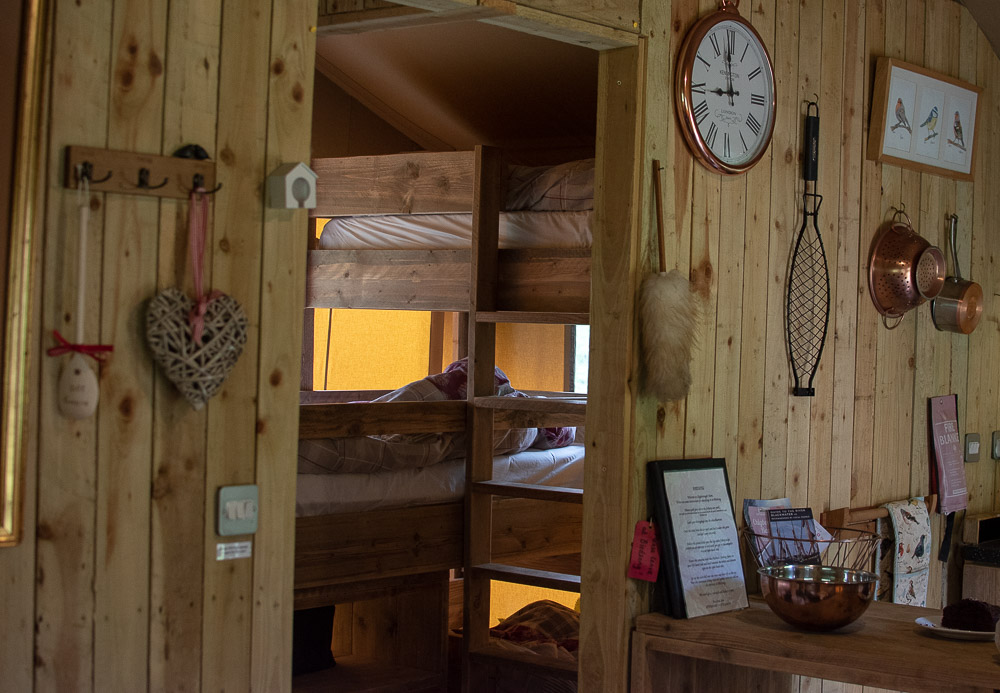 Real bunk beds inside the safari tent, glamping at Birdsong camp