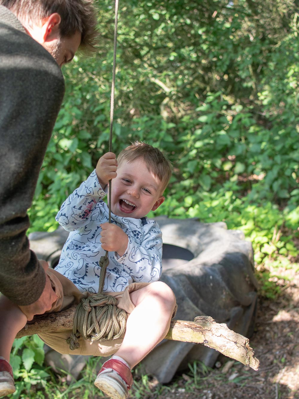 Enjoying the rope swing at Birdsong, Chigborough Farm & Fisheries