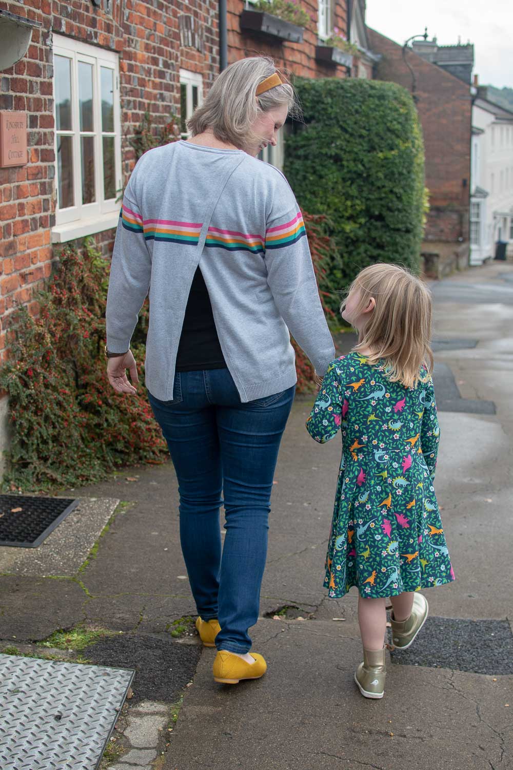 The back of the rainbow stripped maternity jumper from Frugi