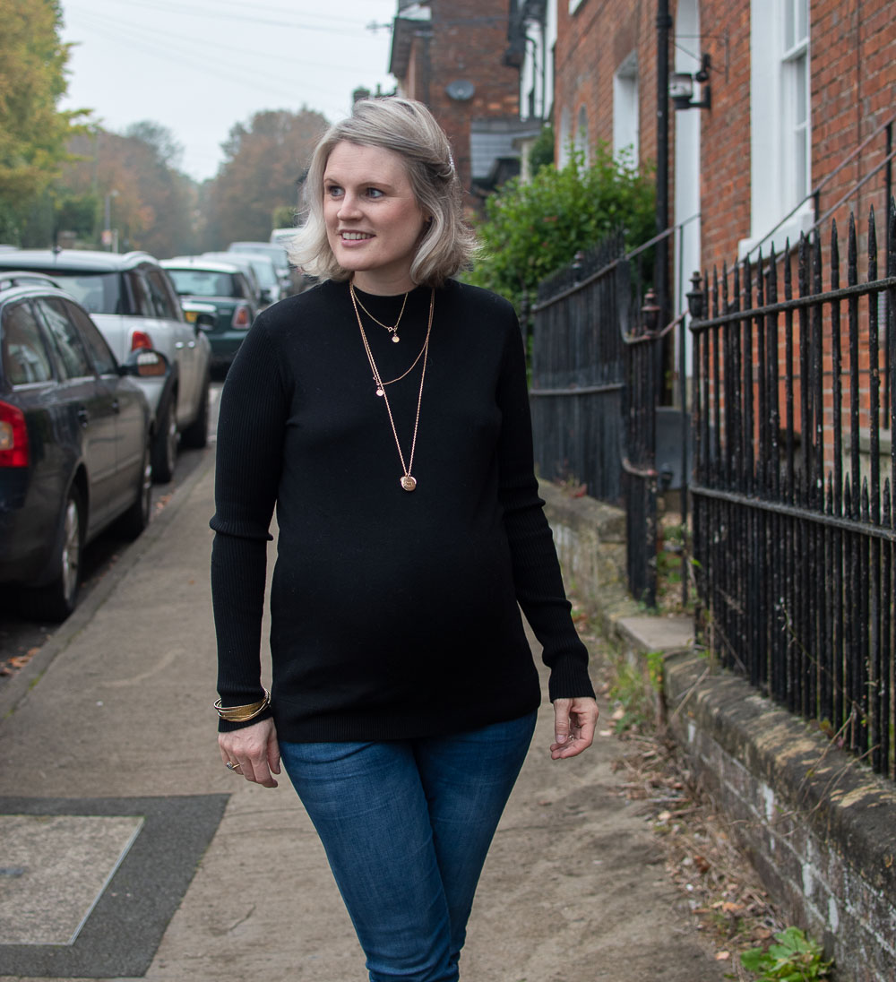 Karen Maurice of n4mummy in Jo Jo Maman Bebe's black turtle neck maternity jumper, ethical maternity clothes 