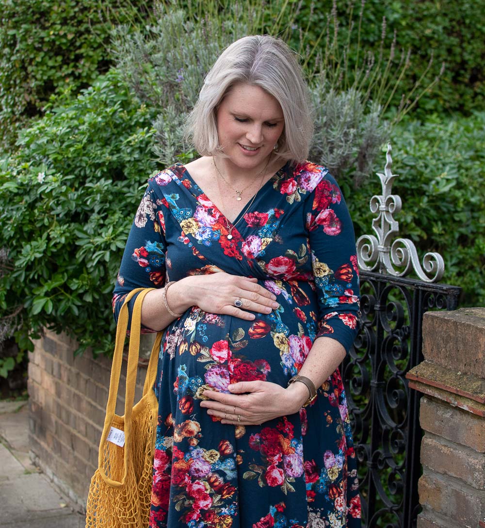 Front view of Karen Maurice of n4mummy's 36 week pregnat tummy in Tiffany Rose ethical maternity clothes