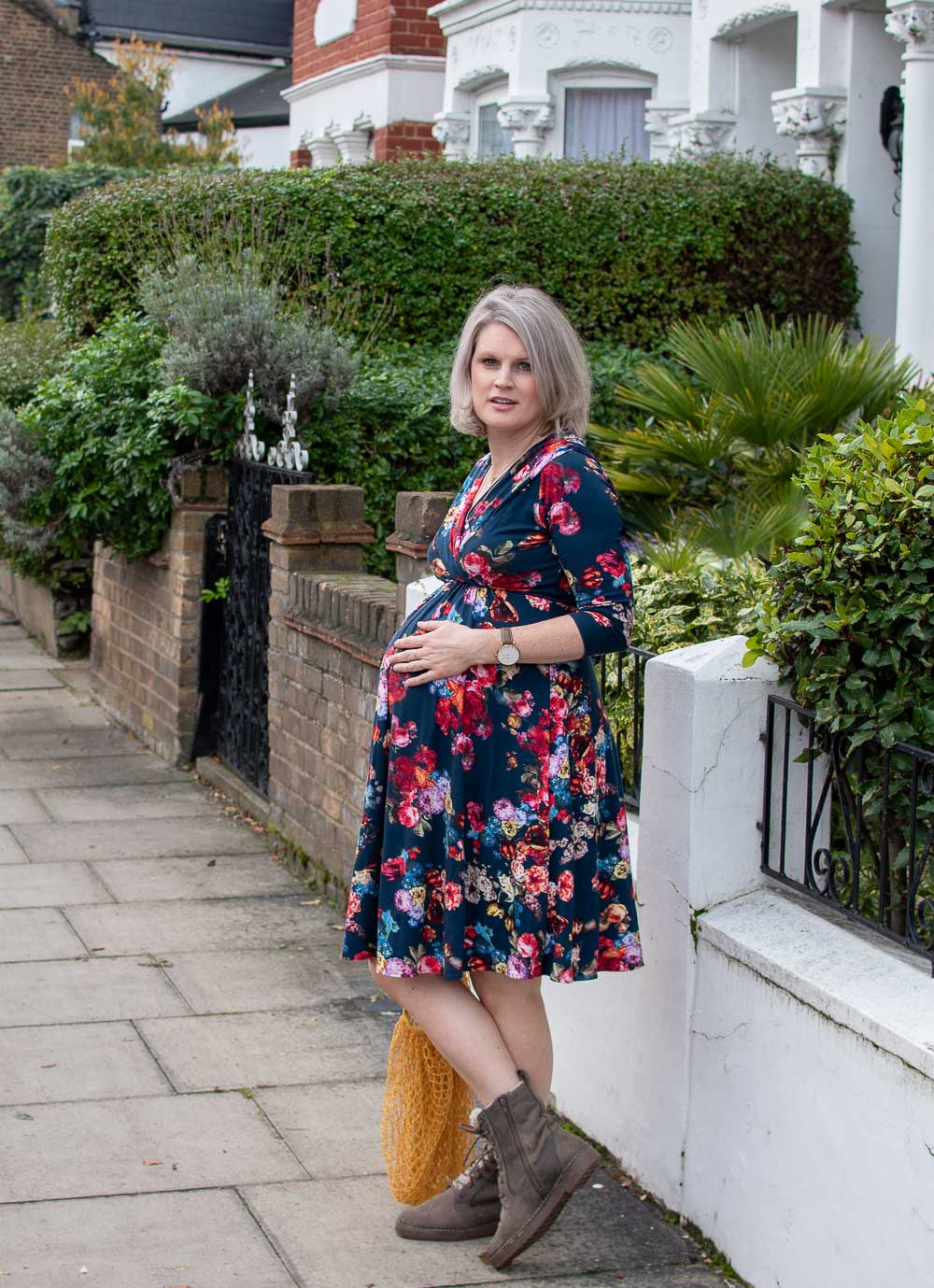 Karen Maurice of n4mummy wearing a floral maternity dress from Tiffany Rose an ethical Maternity brand.  