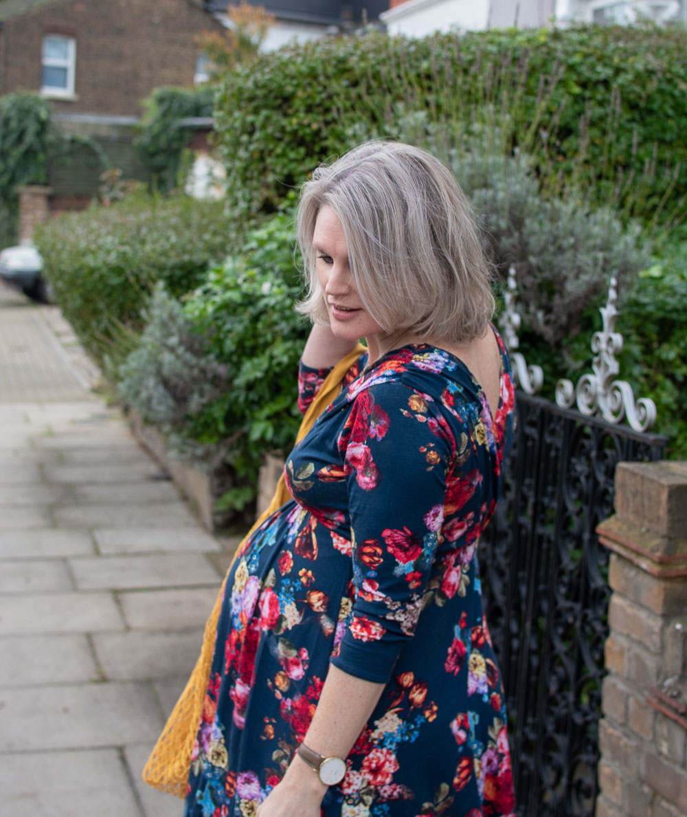 side view of the floral maternity dress from ethical maternity brand Tiffany Rose