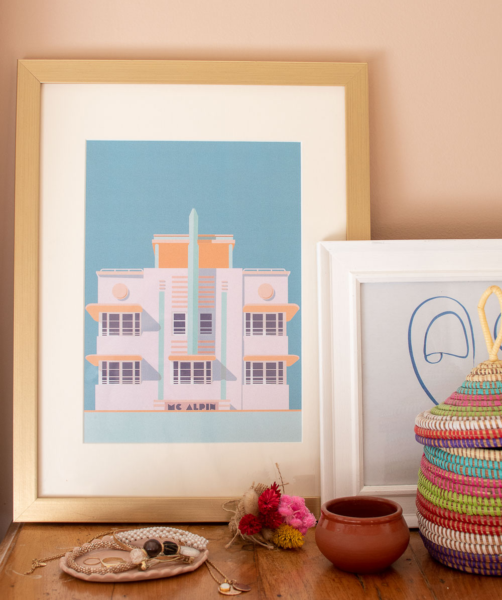 Miami McAplin print from Etsy seller Koolah Jay with a pink scalloped edge butter dish from KCHossack Pottery