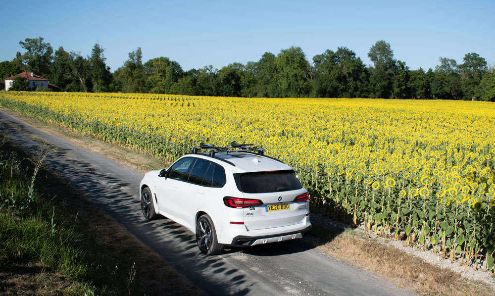 A white BMW X5 driving next to a field of sunflowers, BMW X5 Review