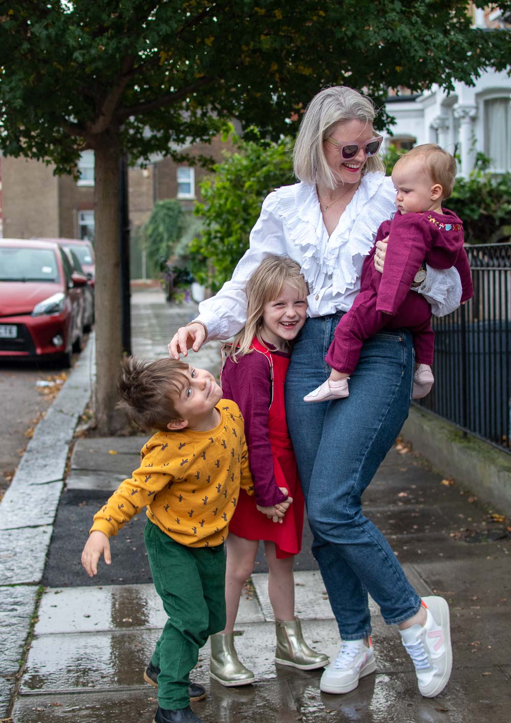 Karen Maurice, sustainable blogger of n4mummy and her children. Children are wearing clothes from sustainable clothing brand, Little Green Radicals, Karen is wearing a vintage shirt. 