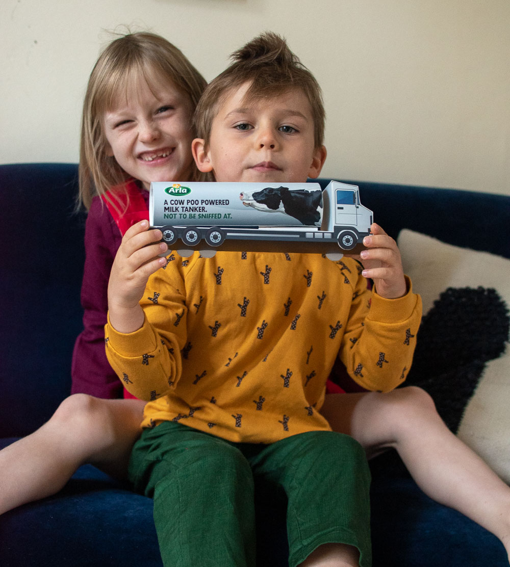 A toy copy of one of Arla's milk tankers that will be powered by cow poo, to help reduce their carbon footprint. 