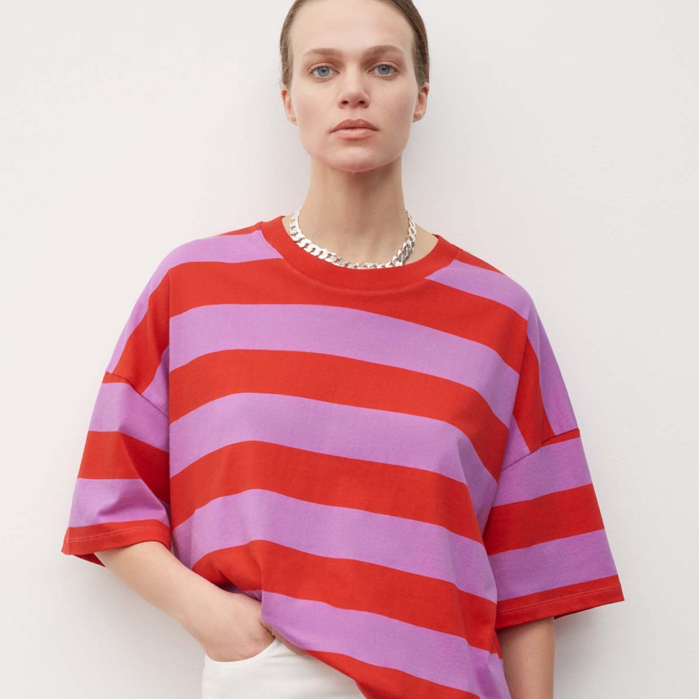 Fairtrade cotton red and purple stripe T Shirt from Kowtow