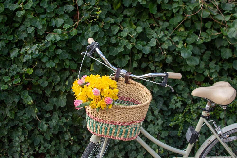 Fair Trade Turq and pink handwoven bike basket from The Basket Room, Buying Fair Trade