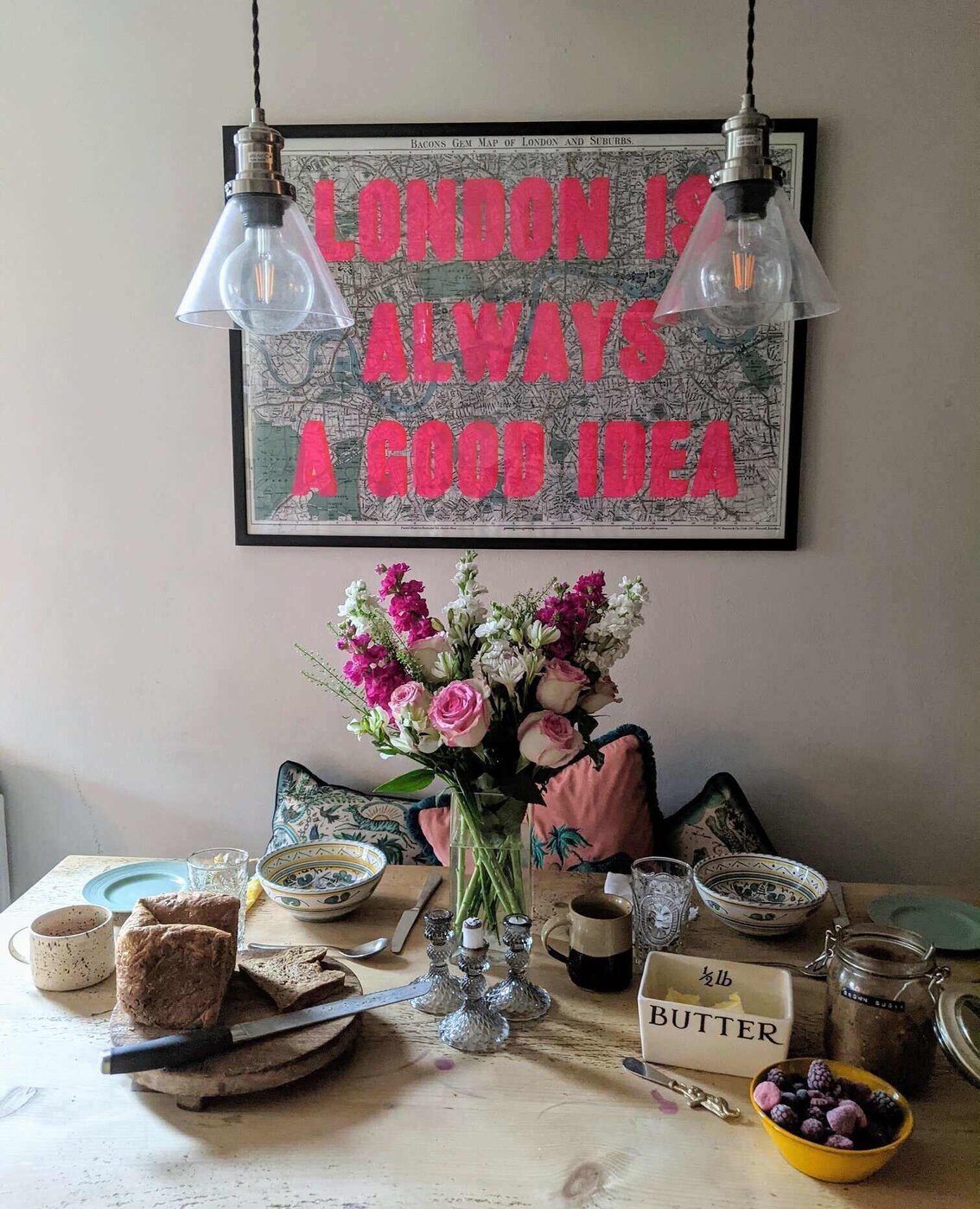 table with flowers and laid